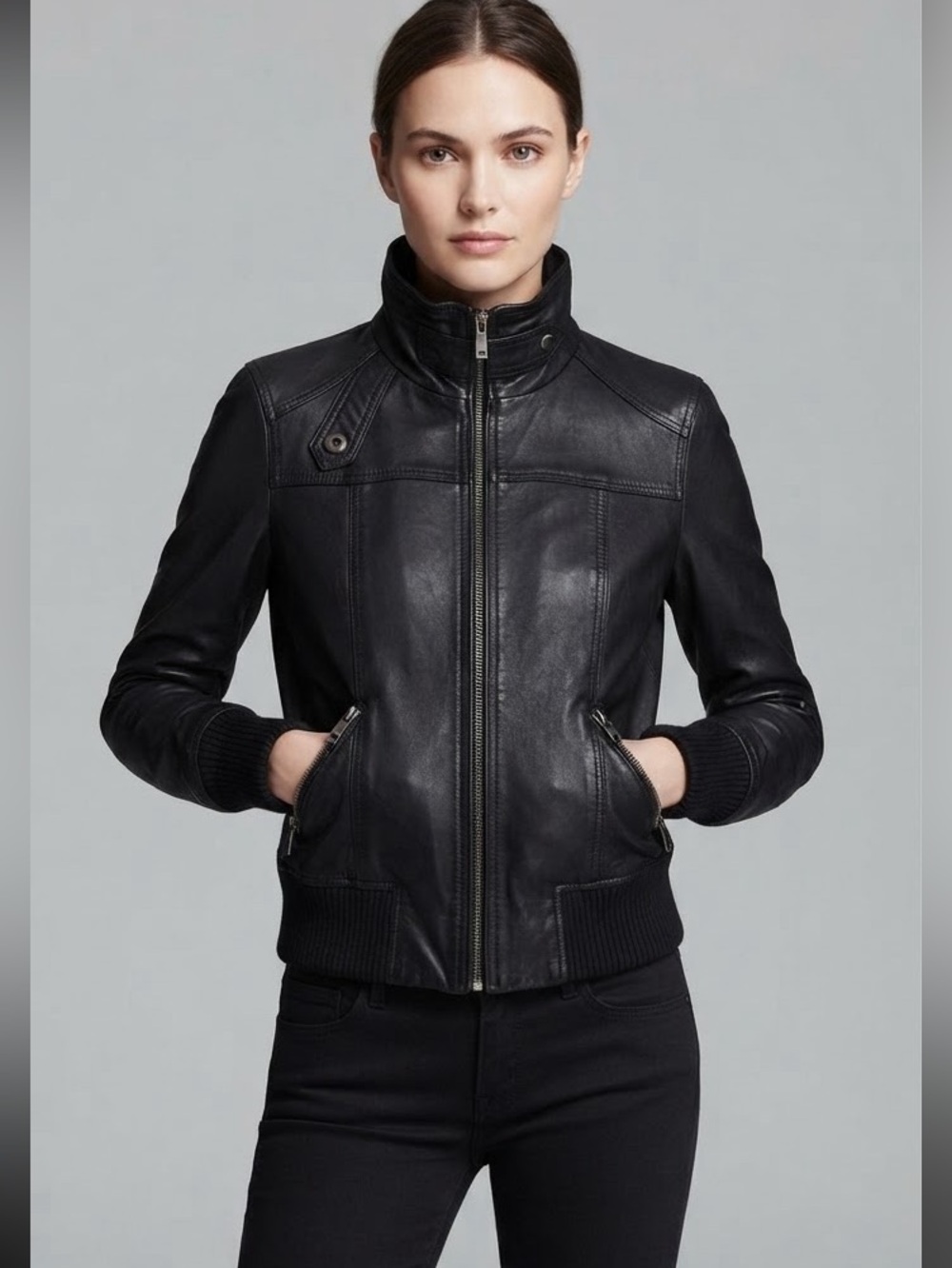 Vintage EXPRESS Bomber Genuine Leather Biker Black Motorcycle Jacket S unisex